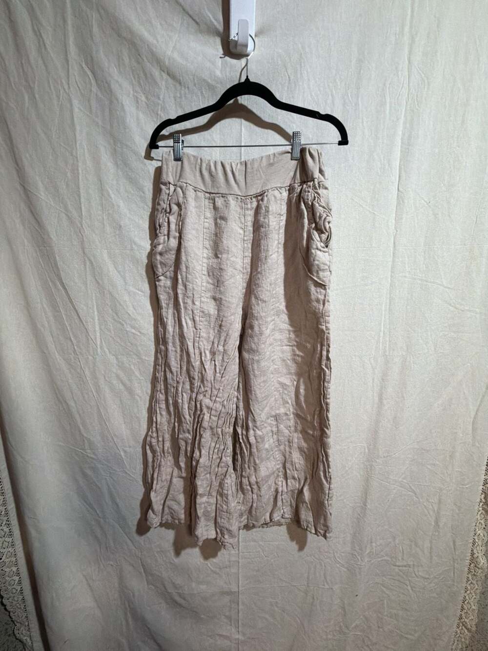 Made in Italy 100% Linen Tan Gathered Waist Casual Pants